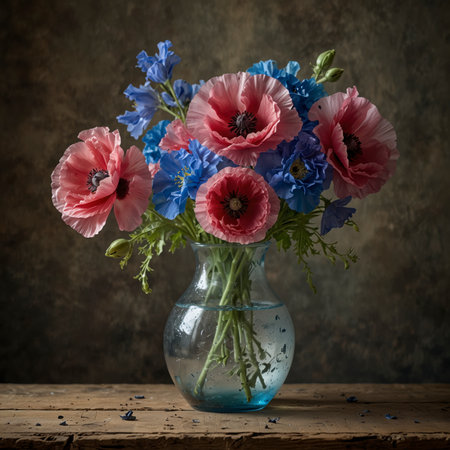 Arrangement of poppies and delphinium in a clear glass vase. The combination of delicate pink poppies with deep blue flower spikes creates a striking color contrast, reminiscent of classical still life paintings.の素材