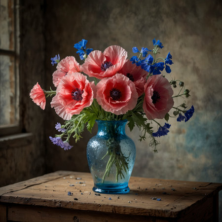 Arrangement of poppies and delphinium in a clear glass vase. The combination of delicate pink poppies with deep blue flower spikes creates a striking color contrast, reminiscent of classical still life paintings.の素材