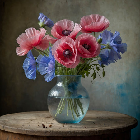 Arrangement of poppies and delphinium in a clear glass vase. The combination of delicate pink poppies with deep blue flower spikes creates a striking color contrast, reminiscent of classical still life paintings.の素材