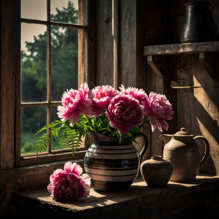 Arrangement of peonies and fern leaves in a striped ceramic jug. The combination of lush blossoms and delicate greenery is placed on a weathered windowsill, creating a rustic, nostalgic atmosphere.の素材
