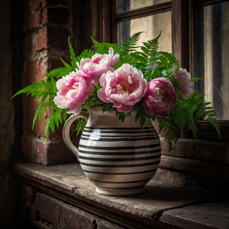 Arrangement of peonies and fern leaves in a striped ceramic jug. The combination of lush blossoms and delicate greenery is placed on a weathered windowsill, creating a rustic, nostalgic atmosphere.の素材