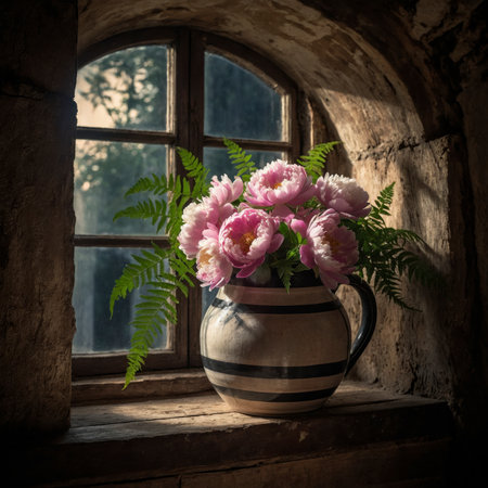 Arrangement of peonies and fern leaves in a striped ceramic jug. The combination of lush blossoms and delicate greenery is placed on a weathered windowsill, creating a rustic, nostalgic atmosphere.の素材