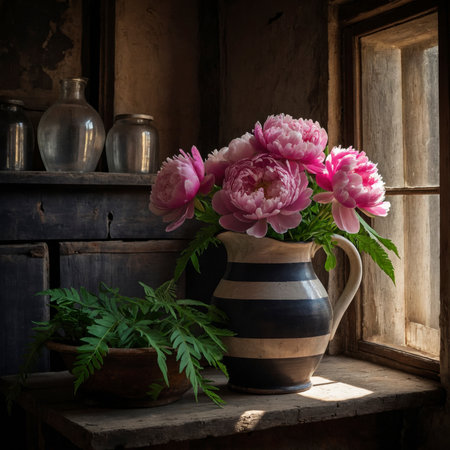 Arrangement of peonies and fern leaves in a striped ceramic jug. The combination of lush blossoms and delicate greenery is placed on a weathered windowsill, creating a rustic, nostalgic atmosphere.の素材