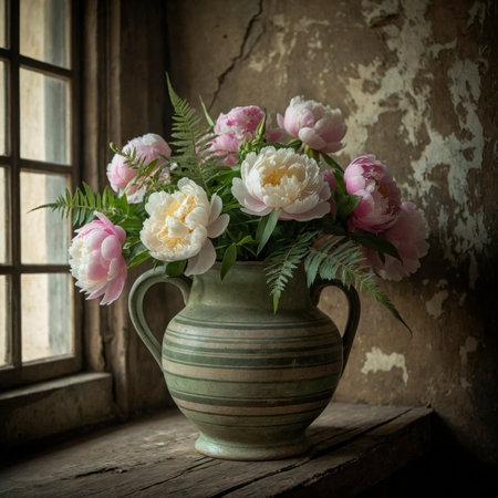 Peonies with delicate pink and white blossoms in a green ceramic vase. The arrangement is placed on an old windowsill, evoking a calm and nostalgic atmosphere.の素材