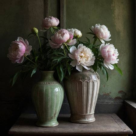 Peonies with delicate pink and white blossoms in a green ceramic vase. The arrangement is placed on an old windowsill, evoking a calm and nostalgic atmosphere.の素材