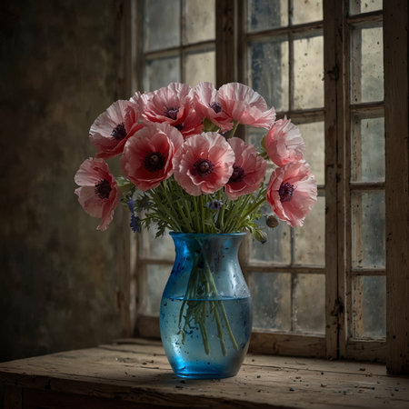 Arrangement of poppies and delphinium in a clear glass vase. The combination of delicate pink poppies with deep blue flower spikes creates a striking color contrast, reminiscent of classical still life paintings.の素材