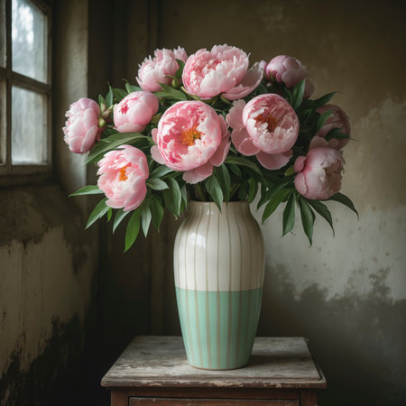 Peonies with delicate pink and white blossoms in a green ceramic vase. The arrangement is placed on an old windowsill, evoking a calm and nostalgic atmosphere.の素材