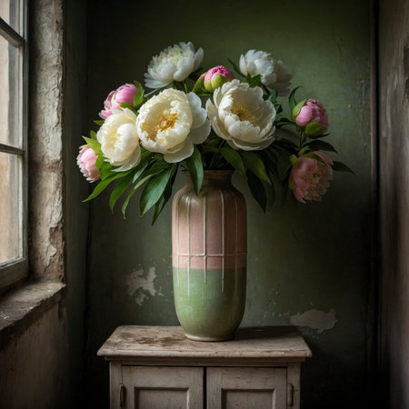 Peonies with delicate pink and white blossoms in a green ceramic vase. The arrangement is placed on an old windowsill, evoking a calm and nostalgic atmosphere.の素材