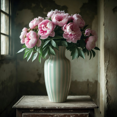 Peonies with delicate pink and white blossoms in a green ceramic vase. The arrangement is placed on an old windowsill, evoking a calm and nostalgic atmosphere.の素材