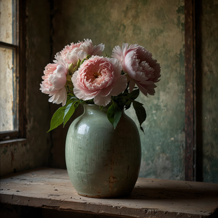 Peonies with delicate pink and white blossoms in a green ceramic vase. The arrangement is placed on an old windowsill, evoking a calm and nostalgic atmosphere.の素材