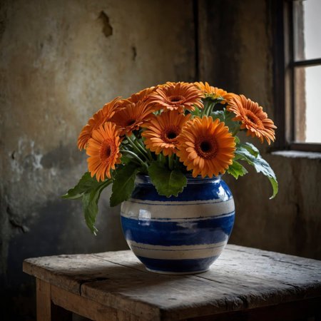 Gerbera with bright blossoms in a blue and white striped vase. The arrangement is placed on an old wooden table, standing out vividly against the weathered wall in the background.の素材