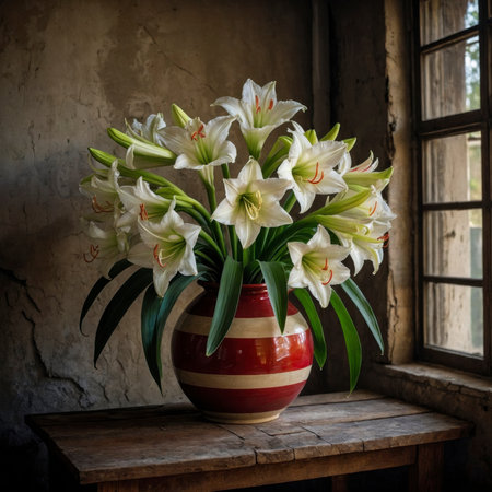 Amaryllis with white blossoms and red stamens in a vase. The arrangement is placed on an old wooden table, standing out effectively against the warm background.の素材