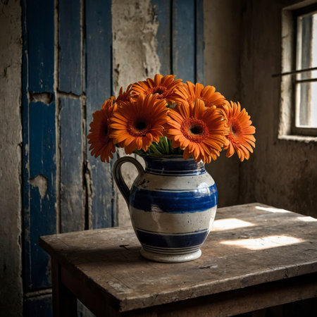 Gerbera with bright blossoms in a blue and white striped vase. The arrangement is placed on an old wooden table, standing out vividly against the weathered wall in the background.の素材