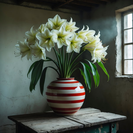 Amaryllis with white blossoms and red stamens in a vase. The arrangement is placed on an old wooden table, standing out effectively against the warm background.の素材