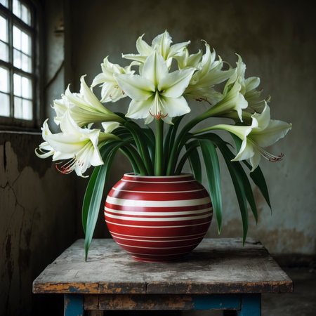 Amaryllis with white blossoms and red stamens in a vase. The arrangement is placed on an old wooden table, standing out effectively against the warm background.の素材