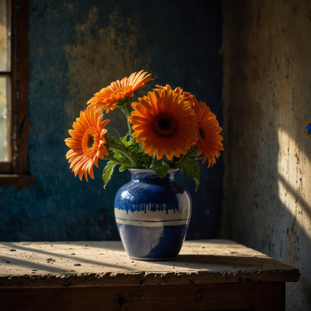 Gerbera with bright blossoms in a blue and white striped vase. The arrangement is placed on an old wooden table, standing out vividly against the weathered wall in the background.の素材