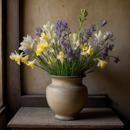 Elegant arrangement of freesias in a rounded vase. The delicate white and lilac blossoms unfold their lightness against a classic, subtly aged background, radiating calmness and simplicity.の素材