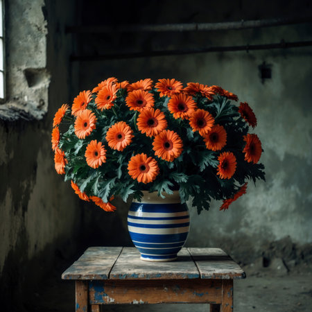 Gerbera with bright blossoms in a blue and white striped vase. The arrangement is placed on an old wooden table, standing out vividly against the weathered wall in the background.の素材