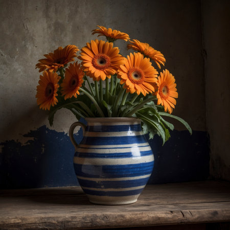 Gerbera with bright blossoms in a blue and white striped vase. The arrangement is placed on an old wooden table, standing out vividly against the weathered wall in the background.の素材