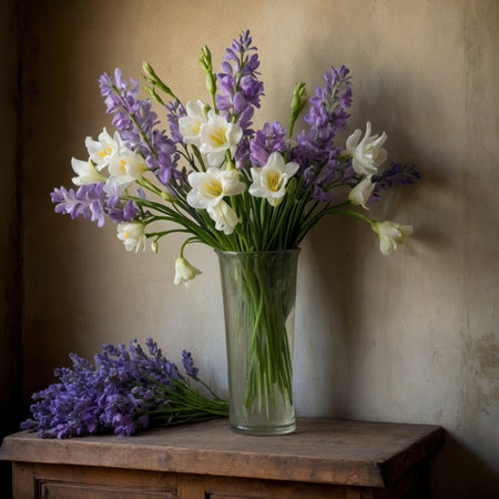 Elegant arrangement of freesias in a rounded vase. The delicate white and lilac blossoms unfold their lightness against a classic, subtly aged background, radiating calmness and simplicity.の素材