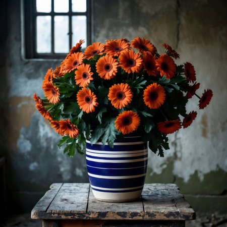Gerbera with bright blossoms in a blue and white striped vase. The arrangement is placed on an old wooden table, standing out vividly against the weathered wall in the background.の素材