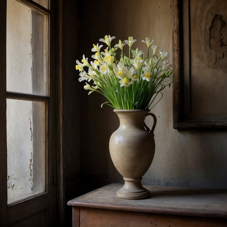 Elegant arrangement of freesias in a rounded vase. The delicate white and lilac blossoms unfold their lightness against a classic, subtly aged background, radiating calmness and simplicity.の素材