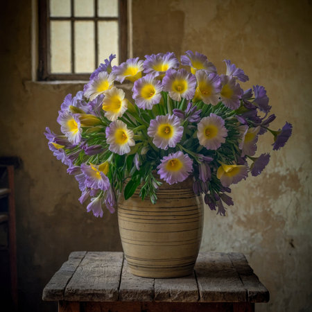Lush arrangement of primroses with delicate blossoms in a striped vase. The ensemble is placed on an old wooden table in front of a simple, weathered wall, evoking a calm and nostalgic atmosphere.の素材