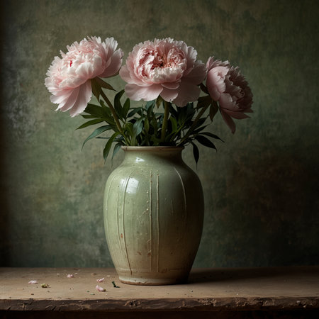 Peonies with delicate pink and white blossoms in a green ceramic vase. The arrangement is placed on an old windowsill, evoking a calm and nostalgic atmosphere.の素材