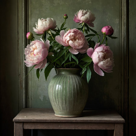 Peonies with delicate pink and white blossoms in a green ceramic vase. The arrangement is placed on an old windowsill, evoking a calm and nostalgic atmosphere.の素材