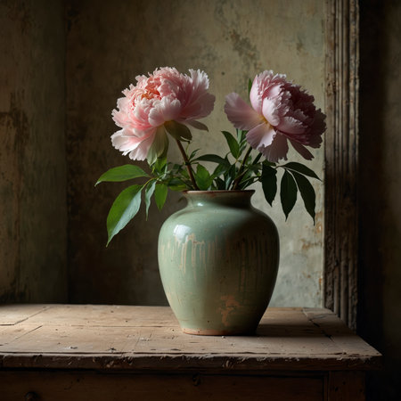 Peonies with delicate pink and white blossoms in a green ceramic vase. The arrangement is placed on an old windowsill, evoking a calm and nostalgic atmosphere.の素材