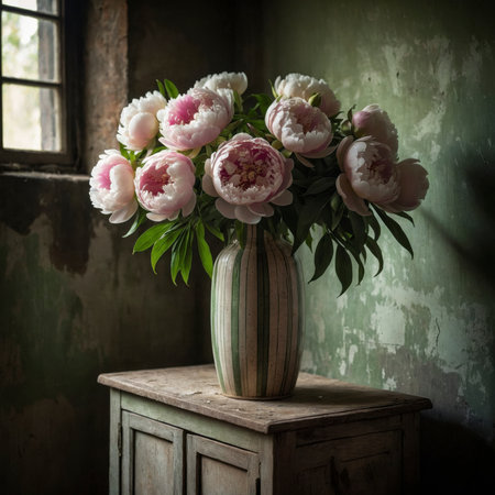 Peonies with delicate pink and white blossoms in a green ceramic vase. The arrangement is placed on an old windowsill, evoking a calm and nostalgic atmosphere.の素材