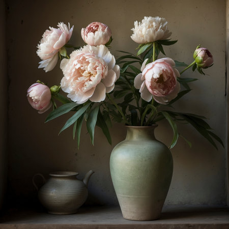 Peonies with delicate pink and white blossoms in a green ceramic vase. The arrangement is placed on an old windowsill, evoking a calm and nostalgic atmosphere.の素材