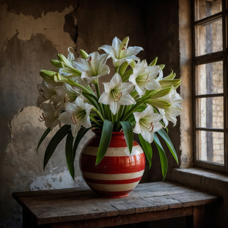 Amaryllis with white blossoms and red stamens in a vase. The arrangement is placed on an old wooden table, standing out effectively against the warm background.の素材