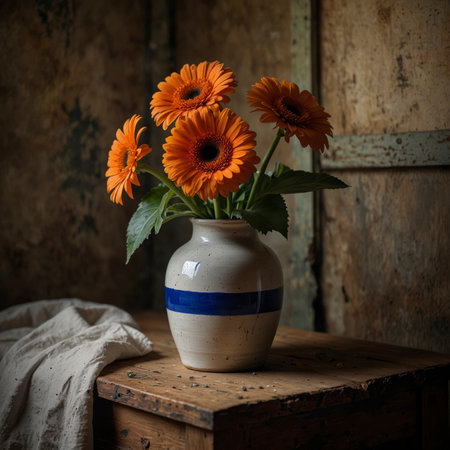 Gerbera with bright blossoms in a blue and white striped vase. The arrangement is placed on an old wooden table, standing out vividly against the weathered wall in the background.の素材