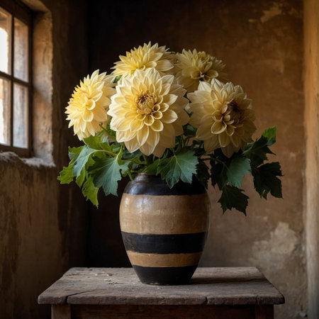 Arrangement of dahlias in a rounded vase. The lush blooms in soft yellow and cream shades unfold their splendor, adding a warm and elegant atmosphere to the nostalgic still life.の素材