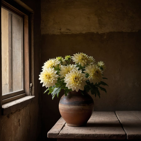 Arrangement of dahlias in a rounded vase. The lush blooms in soft yellow and cream shades unfold their splendor, adding a warm and elegant atmosphere to the nostalgic still life.の素材