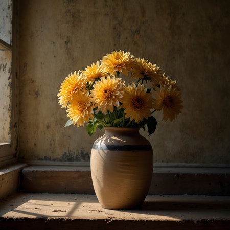 Arrangement of dahlias in a rounded vase. The lush blooms in soft yellow and cream shades unfold their splendor, adding a warm and elegant atmosphere to the nostalgic still life.の素材