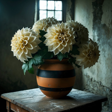 Arrangement of dahlias in a rounded vase. The lush blooms in soft yellow and cream shades unfold their splendor, adding a warm and elegant atmosphere to the nostalgic still life.の素材