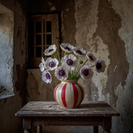 Arrangement of anemones in a rounded vase. The vibrant blossoms with dark centers create a striking contrast, adding a lively and expressive touch to the nostalgic still life.の素材