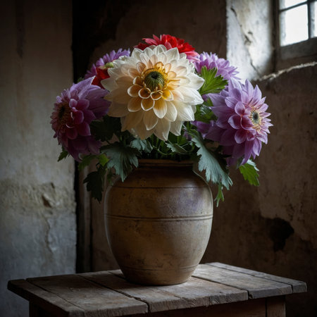 Arrangement of dahlias in a rounded vase. The lush blooms add a warm and elegant atmosphere to the nostalgic still life.の素材