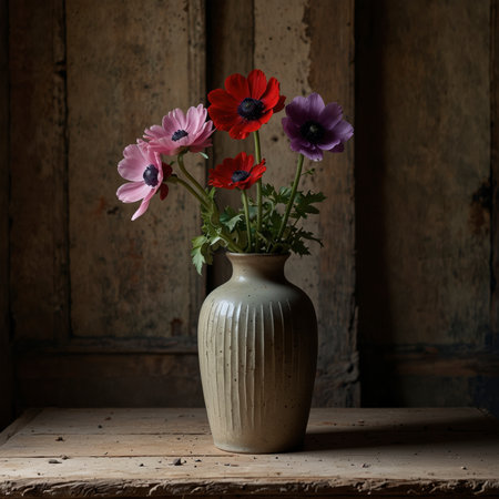 Arrangement of anemones in a rounded vase. The vibrant blossoms with dark centers create a striking contrast, adding a lively and expressive touch to the nostalgic still life.の素材