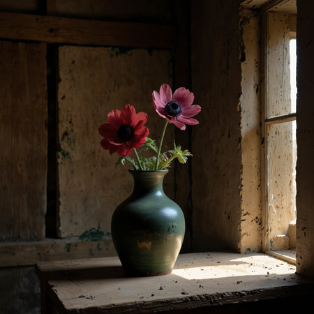 Arrangement of anemones in a rounded vase. The vibrant blossoms with dark centers create a striking contrast, adding a lively and expressive touch to the nostalgic still life.の素材