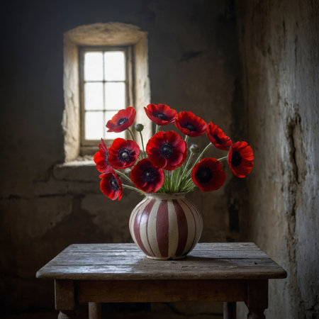 Arrangement of anemones in a rounded vase. The vibrant blossoms with dark centers create a striking contrast, adding a lively and expressive touch to the nostalgic still life.の素材