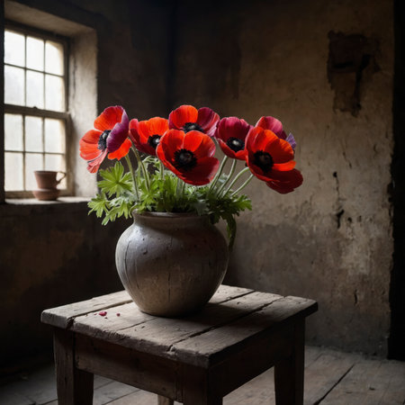 Arrangement of anemones in a rounded vase. The vibrant blossoms with dark centers create a striking contrast, adding a lively and expressive touch to the nostalgic still life.の素材