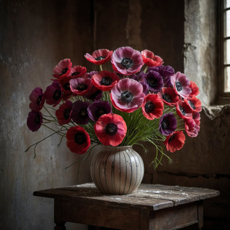 Arrangement of anemones in a rounded vase. The vibrant blossoms with dark centers create a striking contrast, adding a lively and expressive touch to the nostalgic still life.の素材
