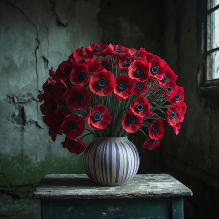 Arrangement of anemones in a rounded vase. The vibrant blossoms with dark centers create a striking contrast, adding a lively and expressive touch to the nostalgic still life.の素材