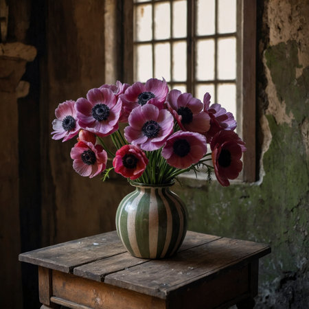 Arrangement of anemones in a rounded vase. The vibrant blossoms with dark centers create a striking contrast, adding a lively and expressive touch to the nostalgic still life.の素材