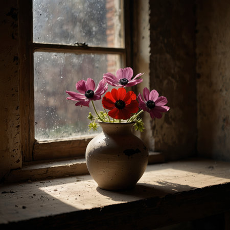 Arrangement of anemones in a rounded vase. The vibrant blossoms with dark centers create a striking contrast, adding a lively and expressive touch to the nostalgic still life.の素材