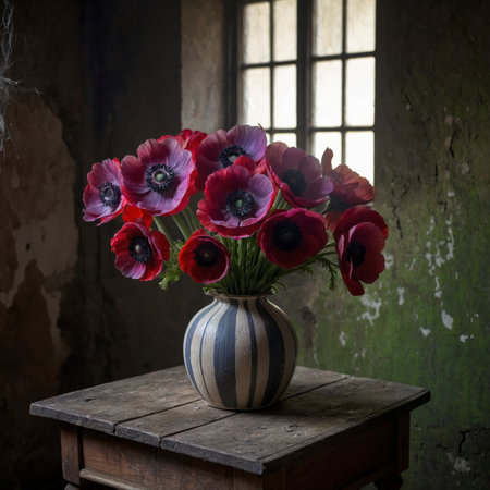 Arrangement of anemones in a rounded vase. The vibrant blossoms with dark centers create a striking contrast, adding a lively and expressive touch to the nostalgic still life.の素材