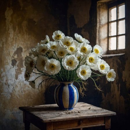 Arrangement of anemones in a rounded vase. The vibrant blossoms with dark centers create a striking contrast, adding a lively and expressive touch to the nostalgic still life.の素材